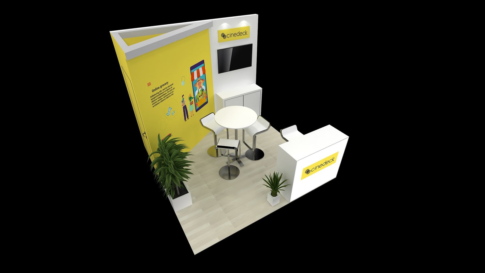 Elevated view of EXM-1010-009 showing the round meeting table beside the yellow backwall