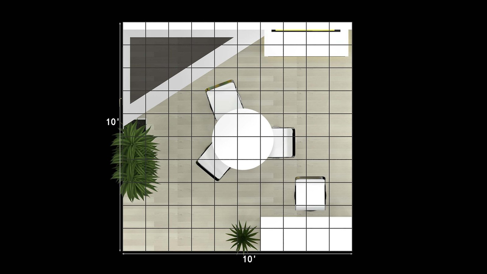 Top-down grid plan of EXM-1010-009 labeled 10 feet by 10 feet