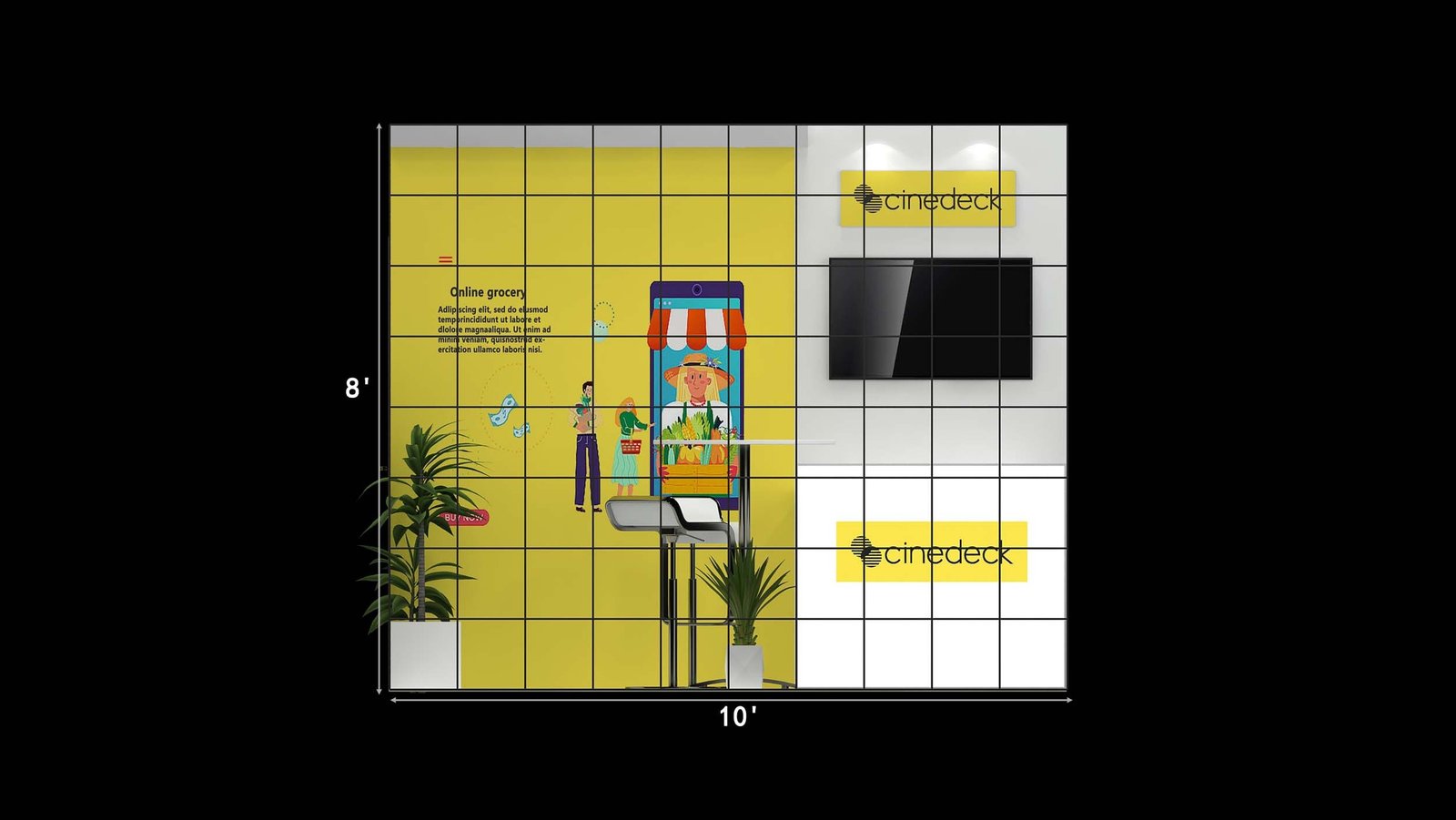 Front grid elevation of EXM-1010-009 labeled 10 feet wide and 8 feet high