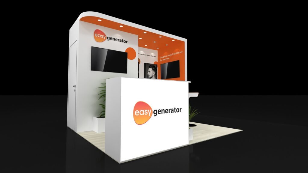 Perspective of EXM-1010-010 showing an orange lighted canopy, white graphic walls and reception counter