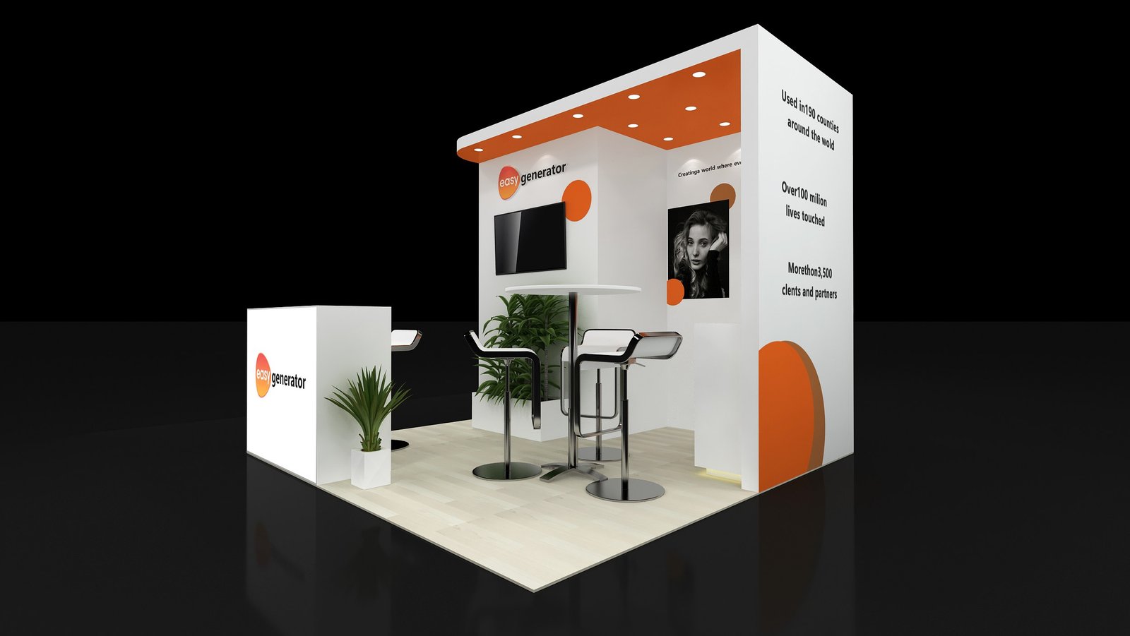 Side perspective of EXM-1010-010 showing the white side panel, orange accents and meeting stools