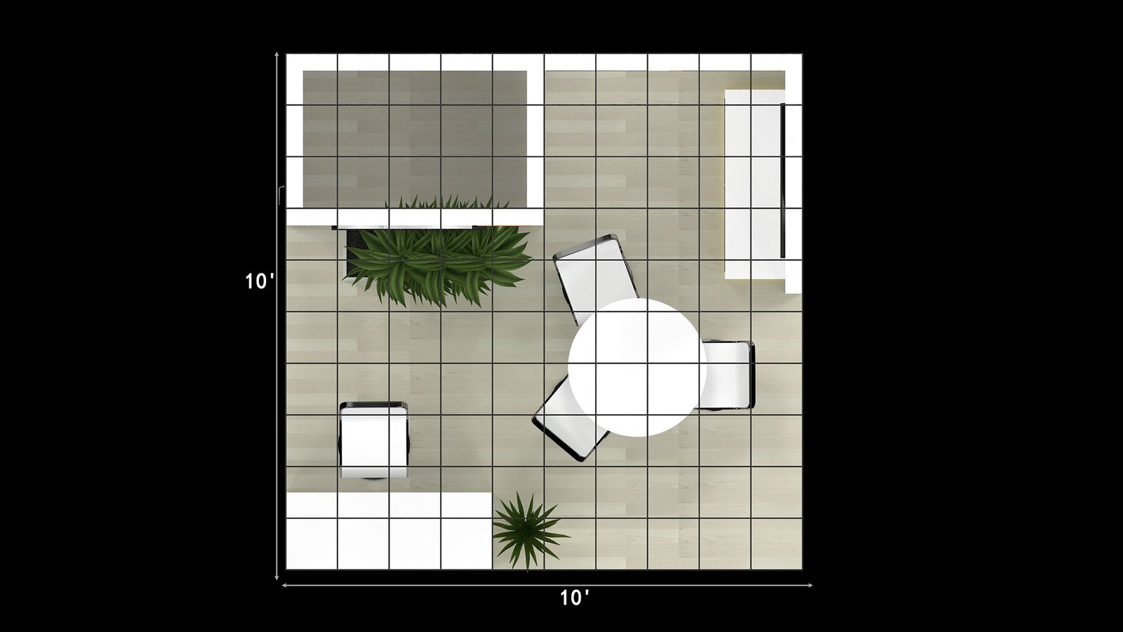 Top-down grid plan of EXM-1010-010 labeled 10 feet by 10 feet