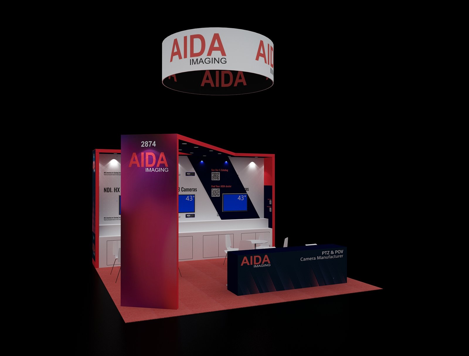 Opposite front perspective of EXM-2020-002 showing a tall red column, demo counter and meeting tables