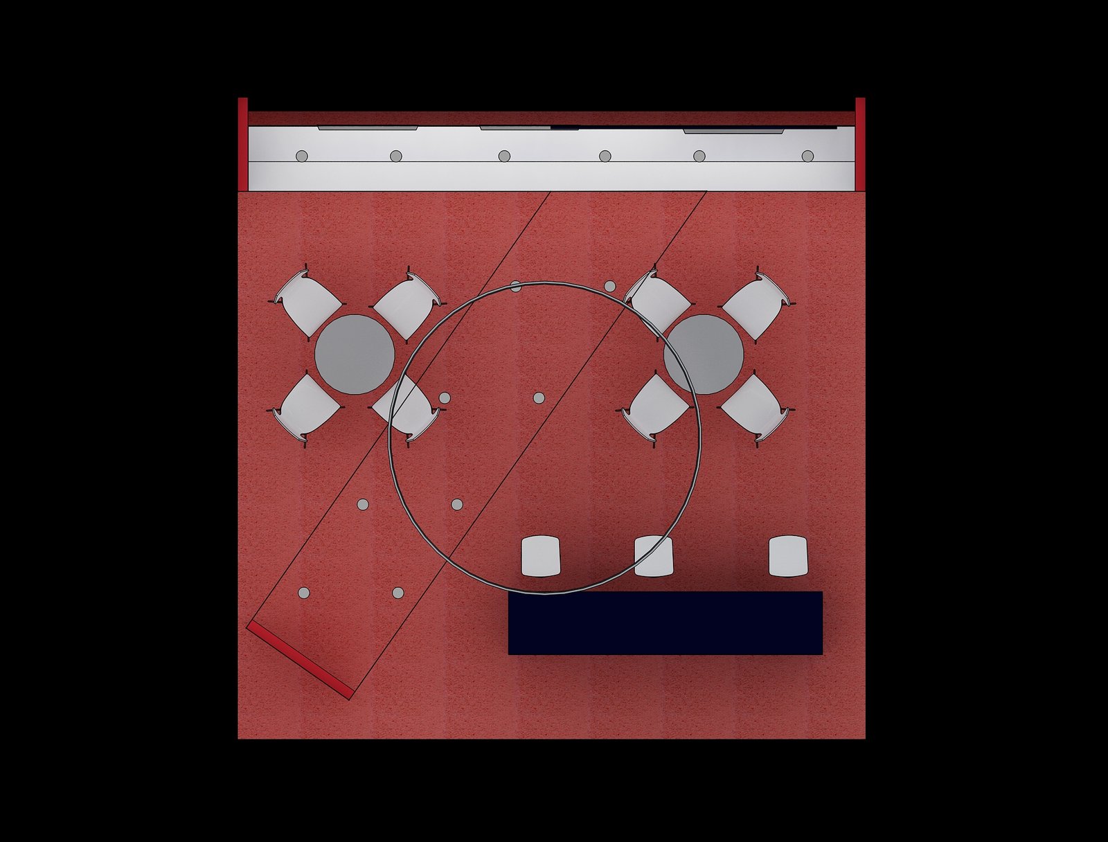 Top-down plan of EXM-2020-002 showing two meeting tables, eight chairs and three counter stools