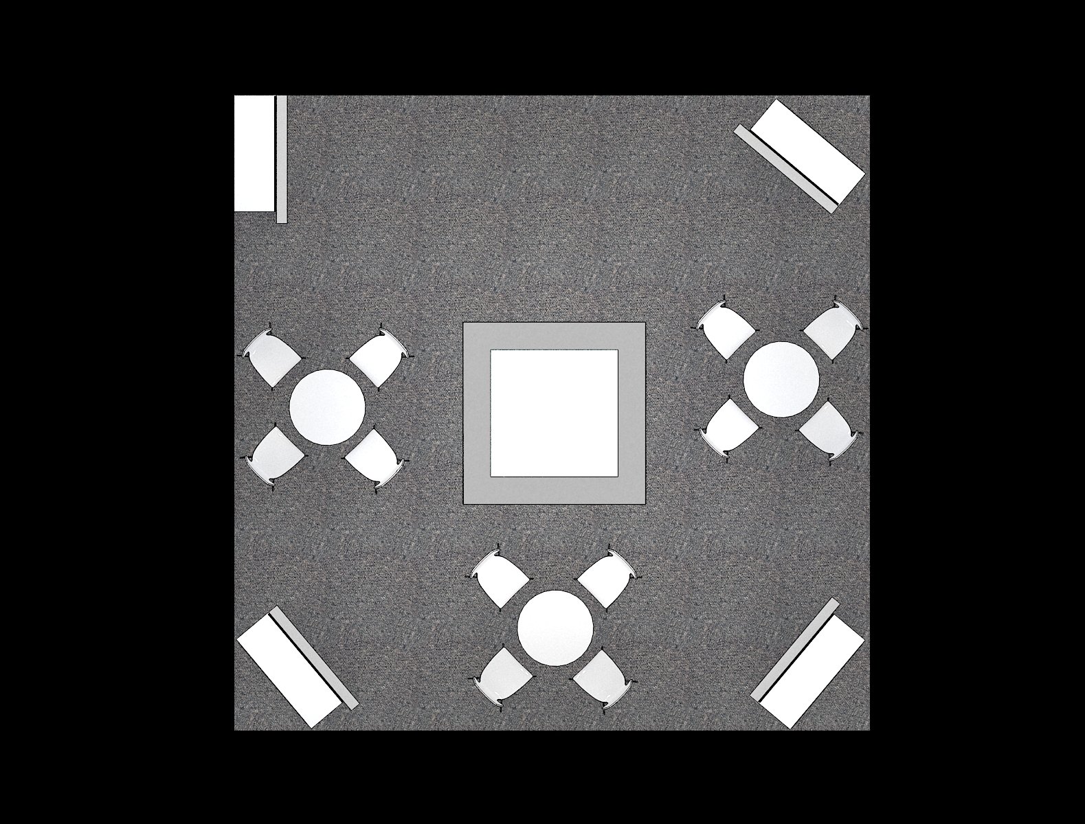 Top-down floor plan of EXM-2020-003 with three four-seat tables and four perimeter display positions