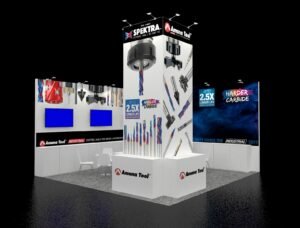 20x20 product display tower booth EXM-2020-004 with graphic walls, twin monitors and reception counter