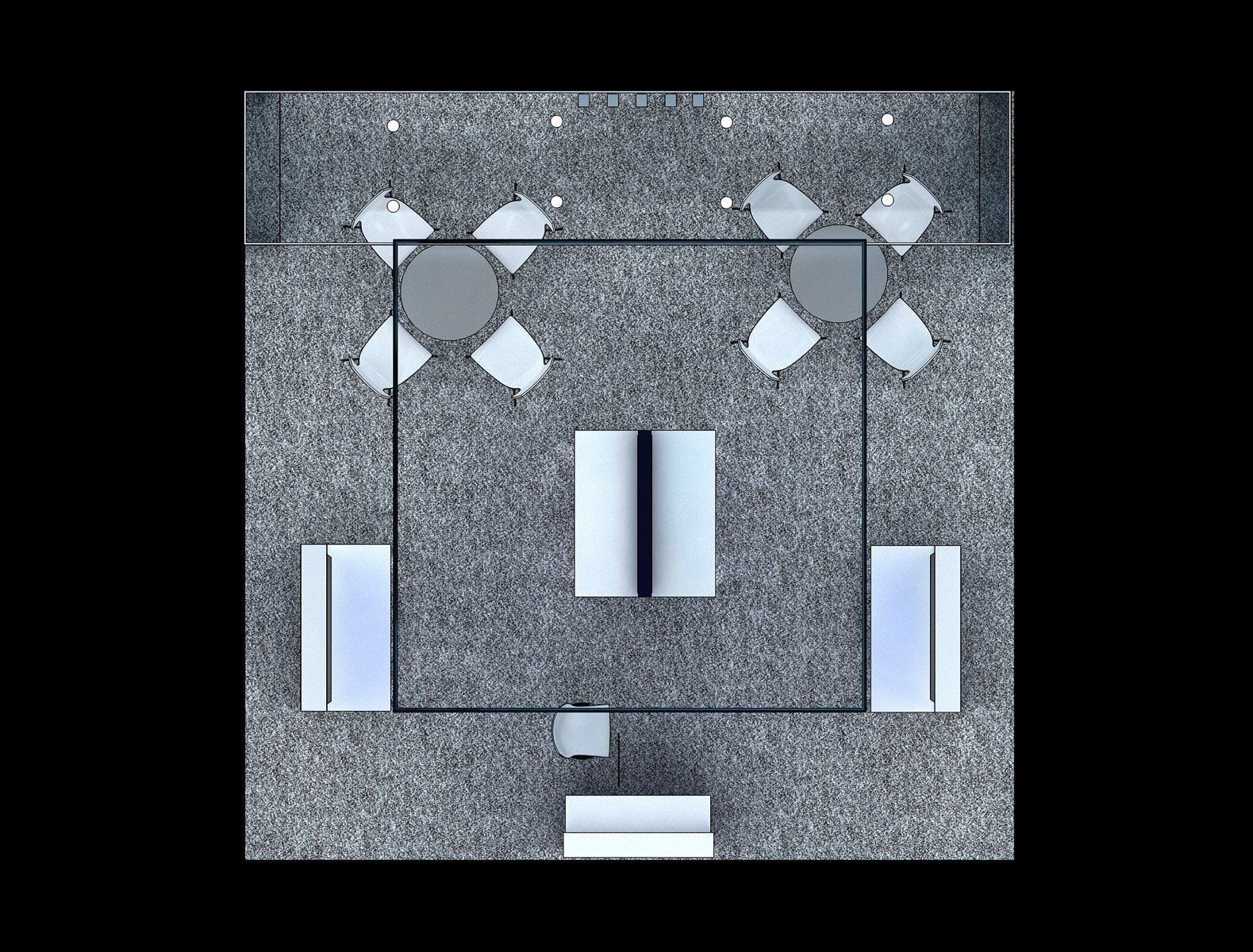 Top-down grid floor plan of EXM-2020-005 showing two four-seat meeting tables and display counters