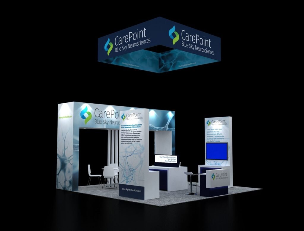 20x20 portal frame booth EXM-2020-005 with square hanging sign and freestanding presentation stations