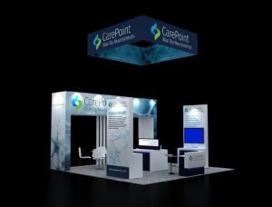 20x20 portal frame booth EXM-2020-005 with square hanging sign and freestanding presentation stations