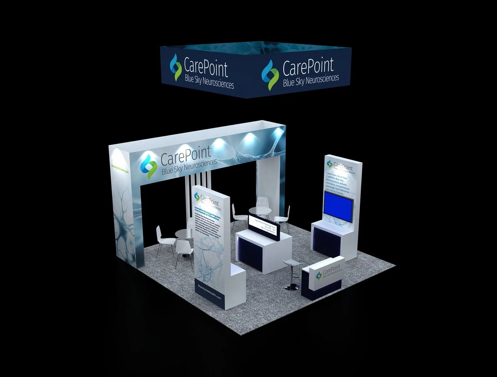 Elevated front view of EXM-2020-005 with two meeting areas, central counter and hanging sign