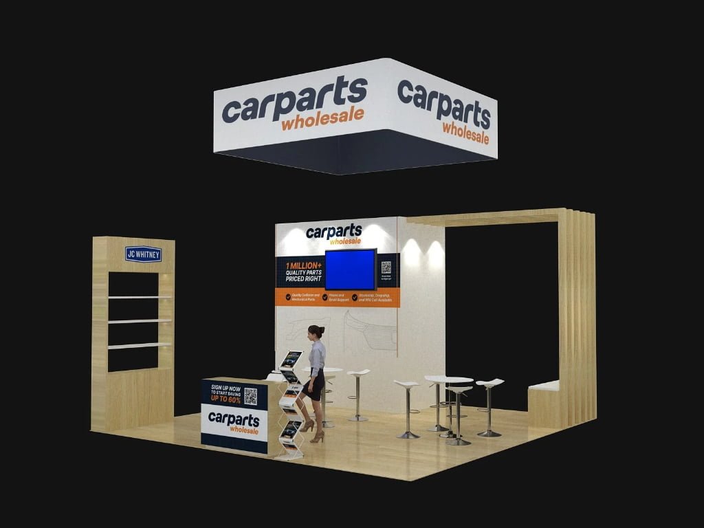 20x20 wood frame booth EXM-2020-006 with square hanging sign, shelving tower and reception desk