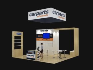 20x20 wood frame booth EXM-2020-006 with square hanging sign, shelving tower and reception desk
