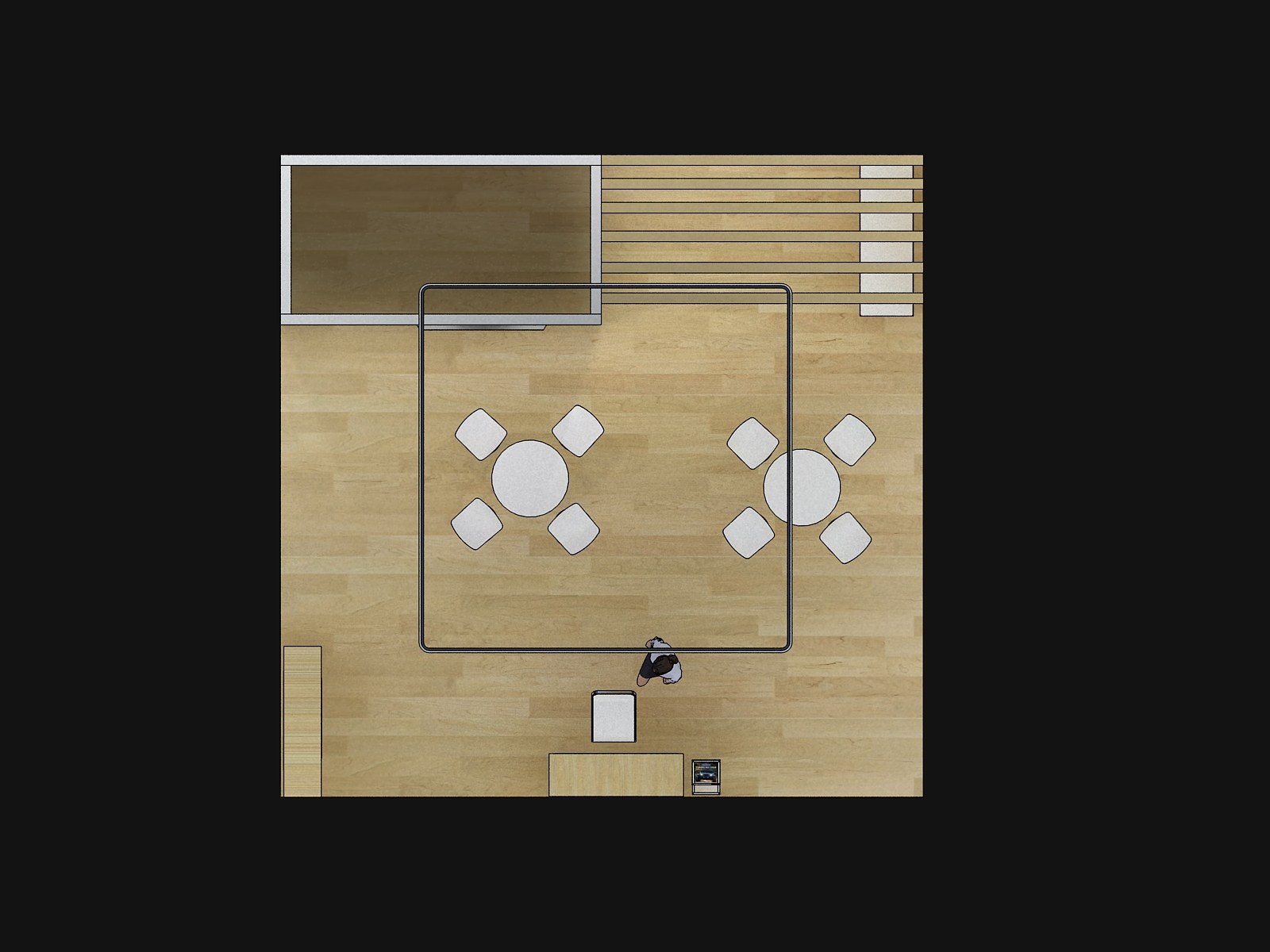 Top-down grid floor plan of EXM-2020-006 showing two meeting tables and perimeter display elements