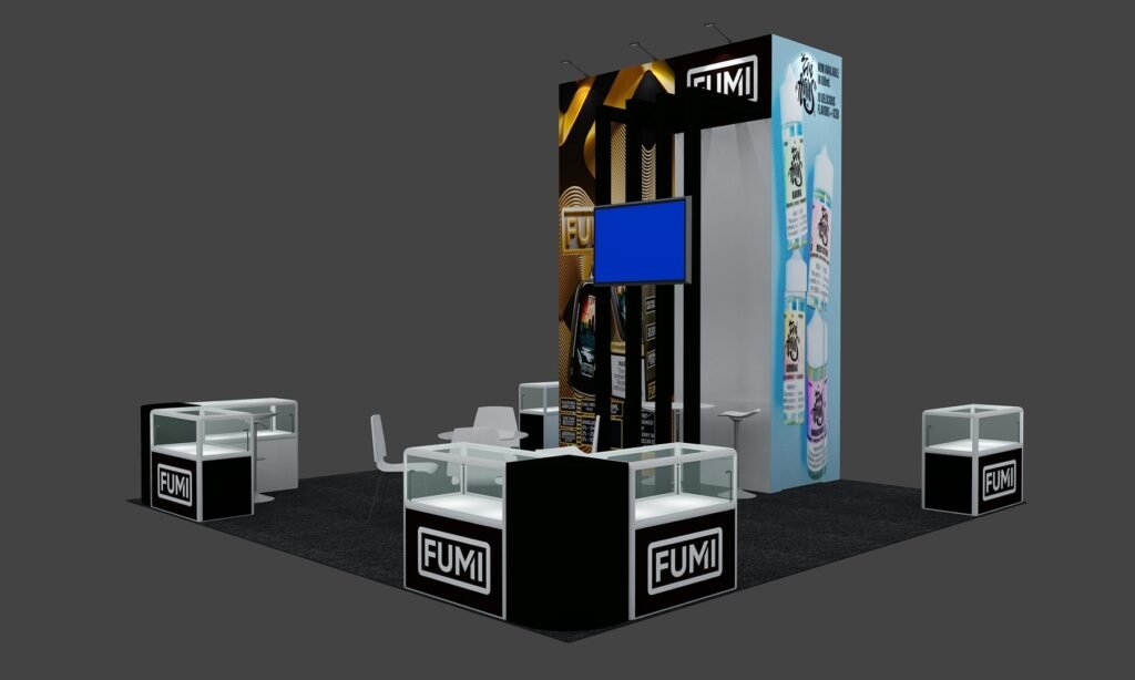 20x20 showcase tower booth EXM-2020-007 with tall graphic wall, black slat monitor frame and display cases
