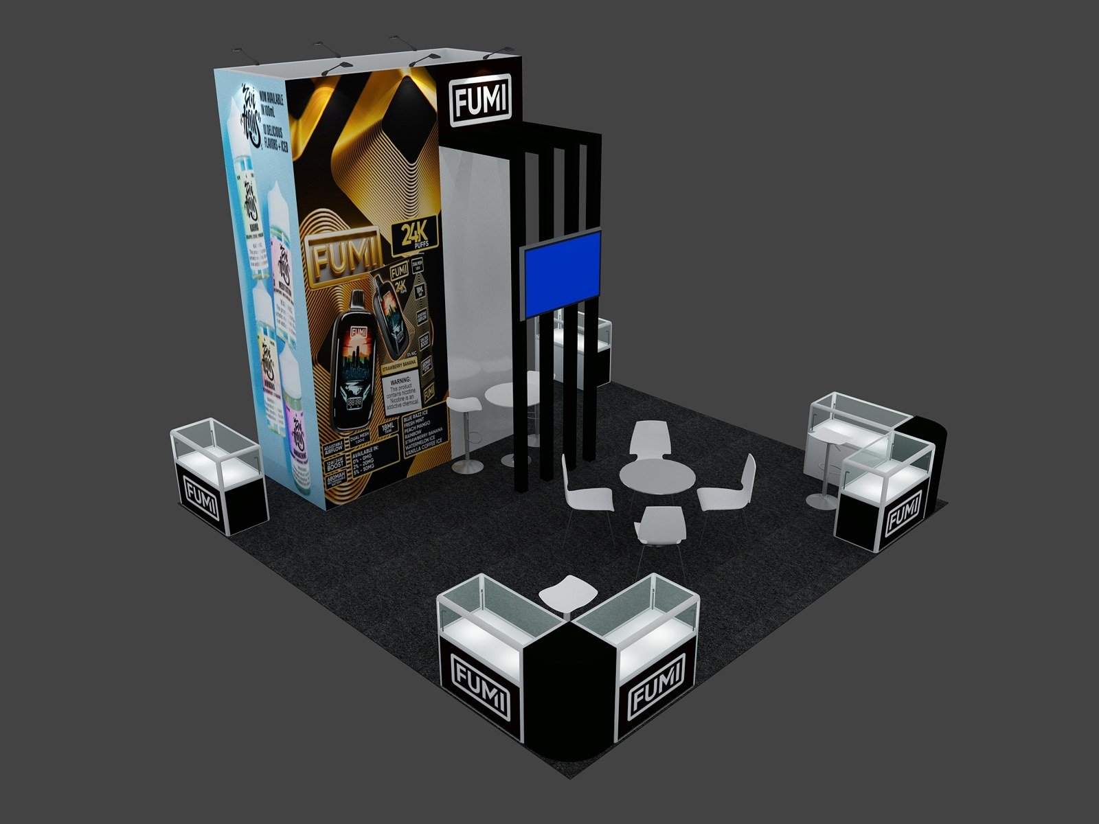 Elevated front perspective of EXM-2020-007 showing transparent display cases and round meeting tables