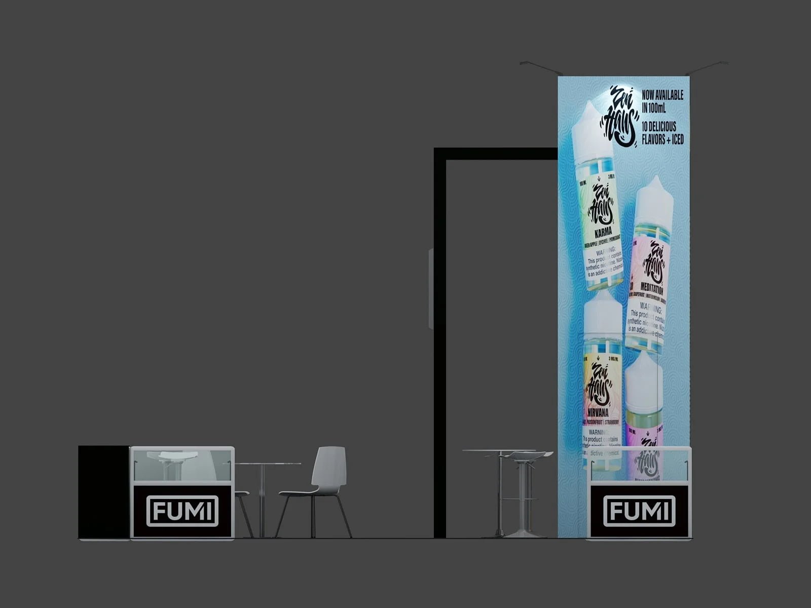 Side grid elevation of EXM-2020-007 showing the tall graphic structure and display counter