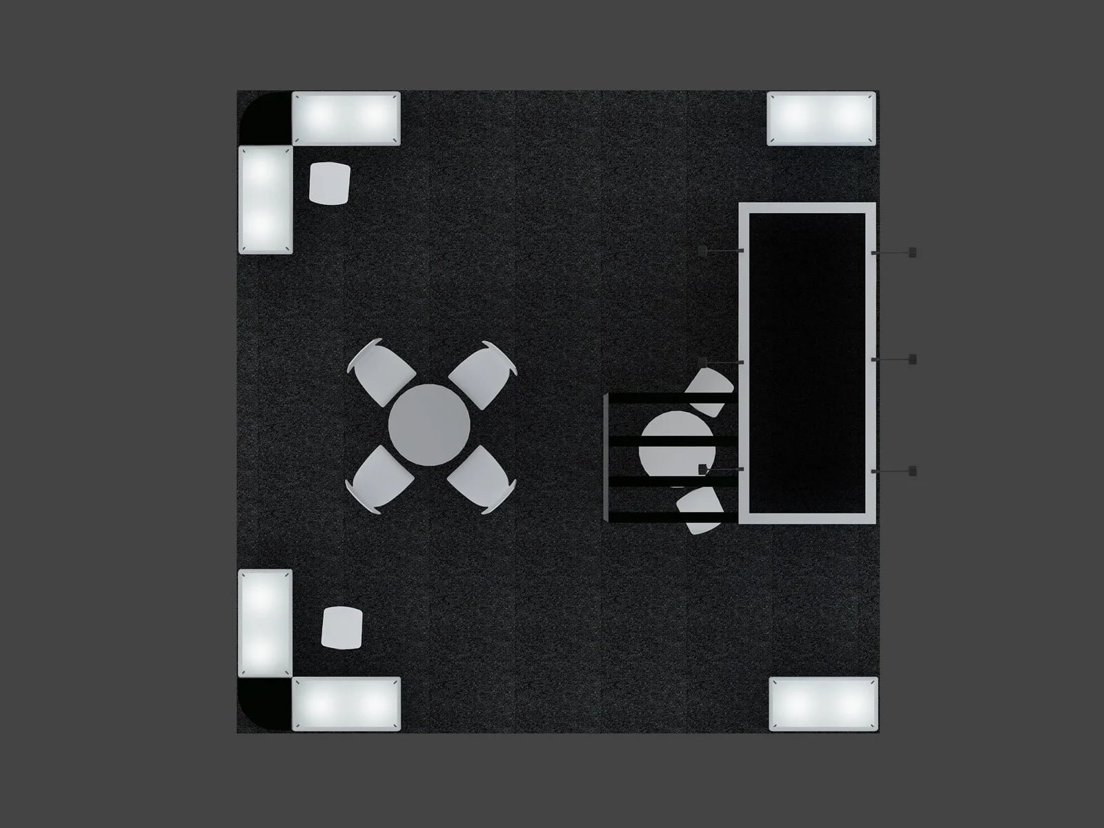 Top-down grid floor plan of EXM-2020-007 showing perimeter showcases and two meeting positions
