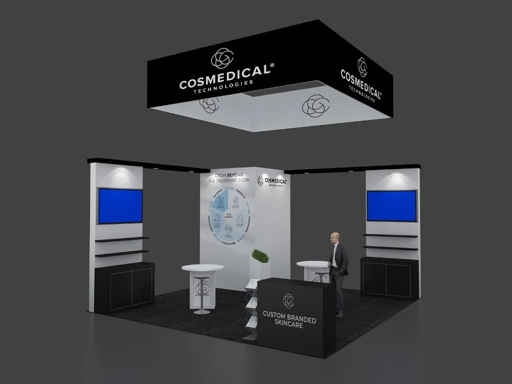 20x20 dual display booth EXM-2020-008 with two monitor panels, square hanging sign and black reception counter