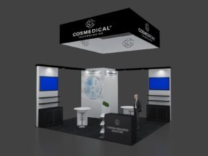 20x20 dual display booth EXM-2020-008 with two monitor panels, square hanging sign and black reception counter