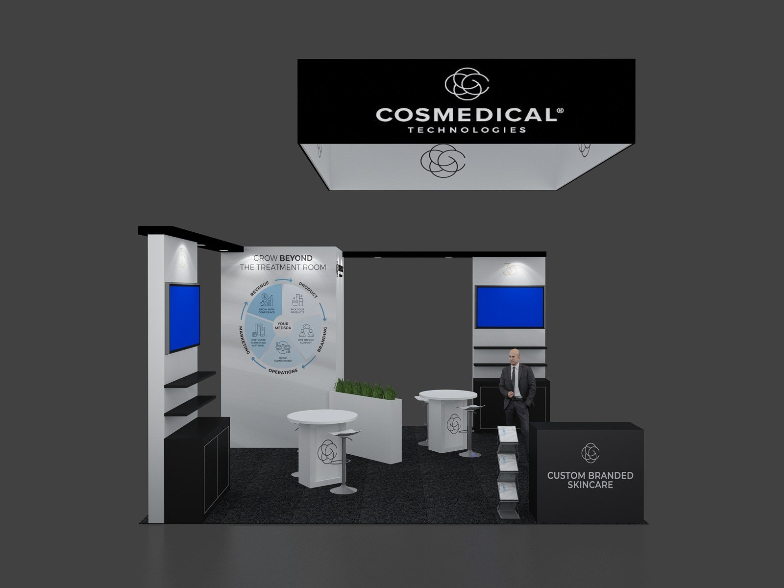 Front perspective of EXM-2020-008 showing reception desk, literature stand and two presentation stations