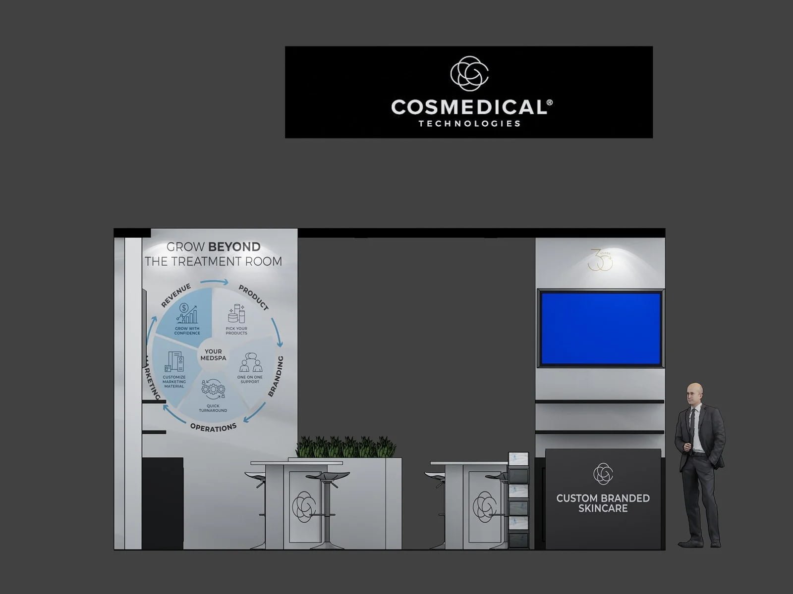 Side grid elevation of EXM-2020-008 showing monitor display, graphic wall and suspended sign