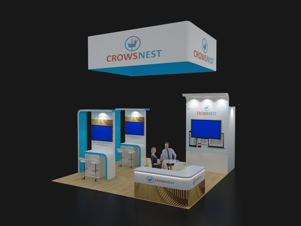 20x20 demo station booth EXM-2020-009 with turquoise presentation kiosks, monitor wall and L-shaped reception counter