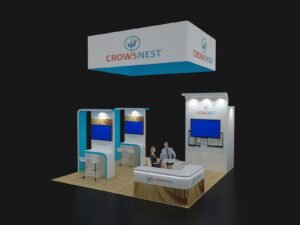 20x20 demo station booth EXM-2020-009 with turquoise presentation kiosks, monitor wall and L-shaped reception counter