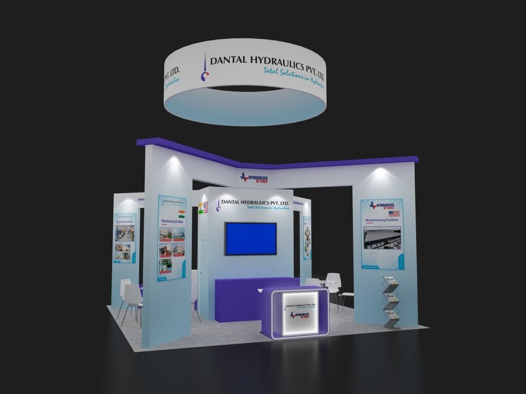20x20 angled frame booth EXM-2020-010 with purple overhead beams, circular hanging sign and two meeting areas
