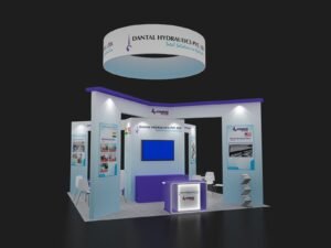 20x20 angled frame booth EXM-2020-010 with purple overhead beams, circular hanging sign and two meeting areas