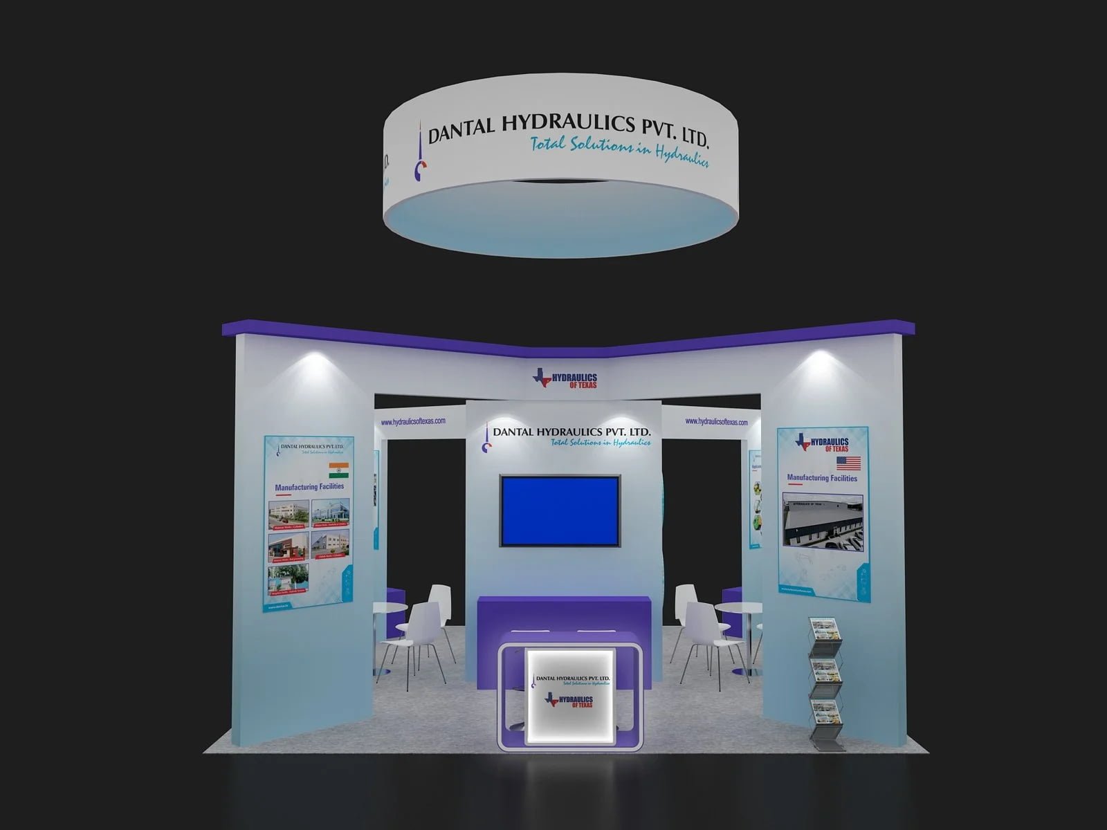 Front view of EXM-2020-010 with monitor wall, reception counter and circular hanging sign