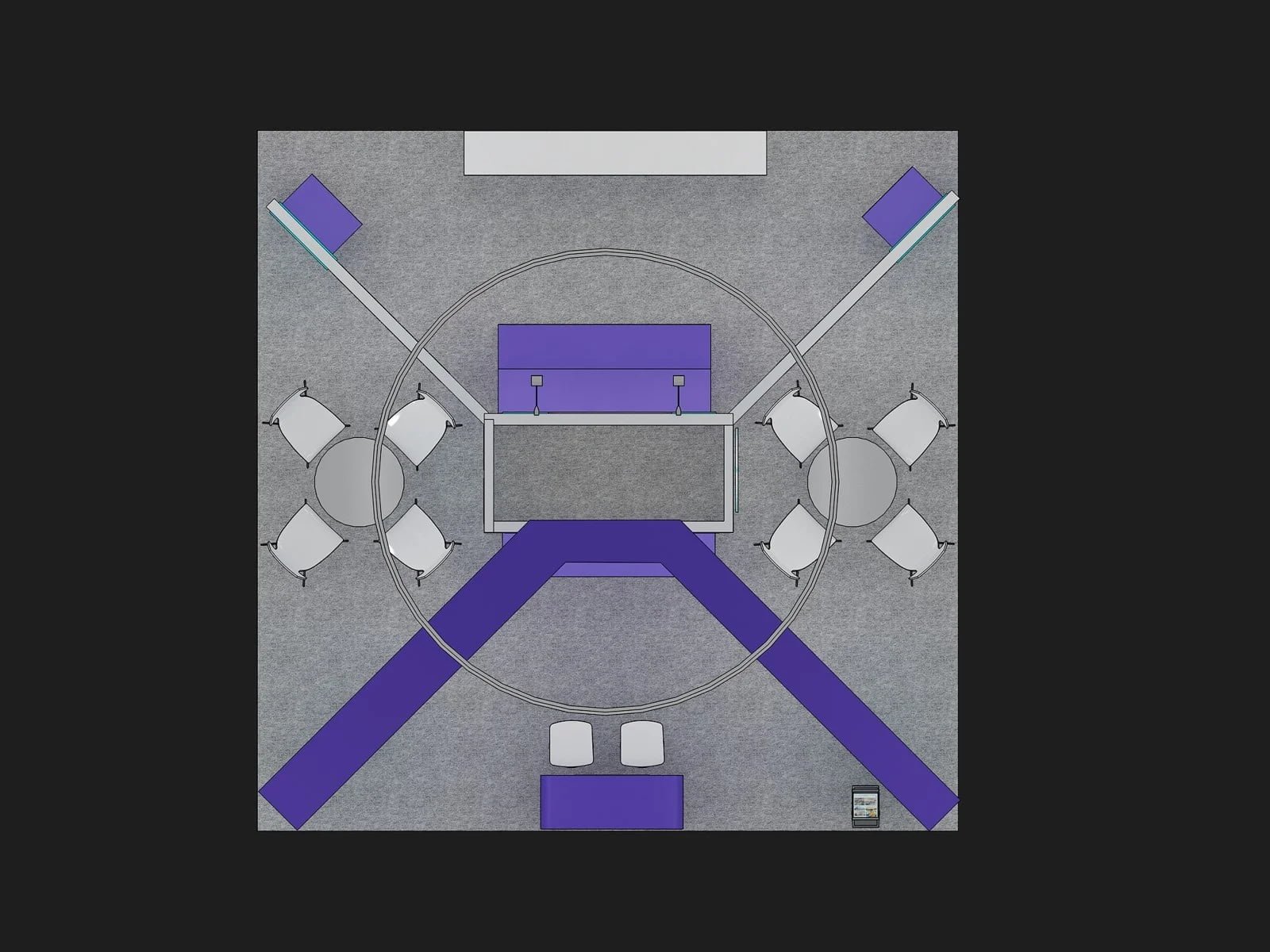Top-down grid floor plan of EXM-2020-010 with two four-seat meeting areas and central display