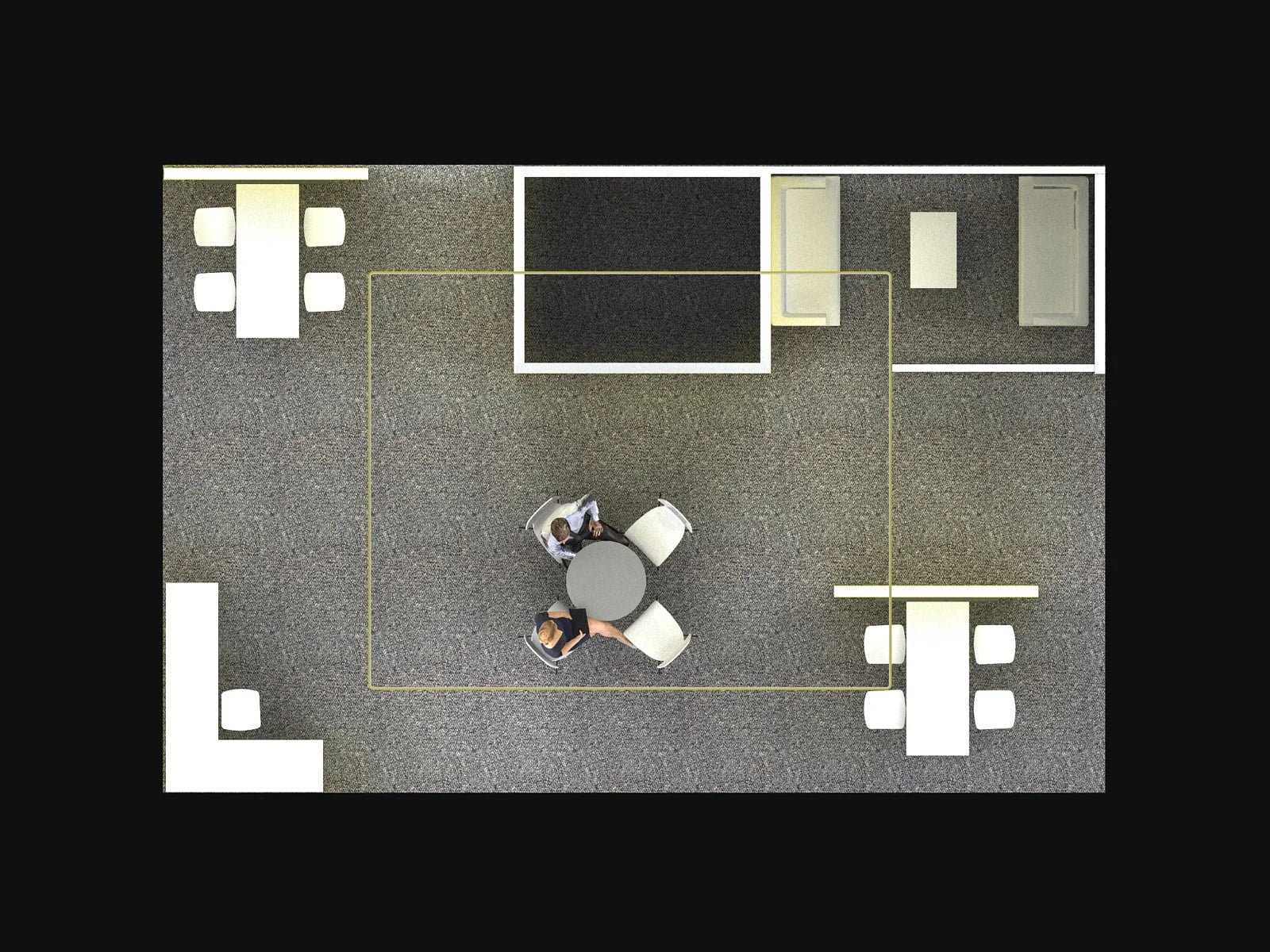 Top-down floor plan of EXM-2030-001 showing demo counters, central meeting table and enclosed meeting room