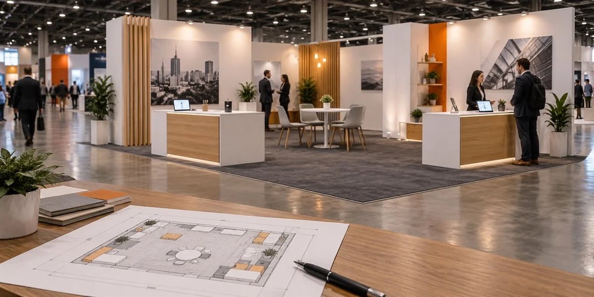 Booth planning concept with a floor plan, reception counters and meeting space