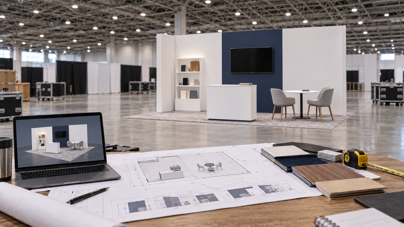 Simple modular booth planning illustration with drawings and material samples