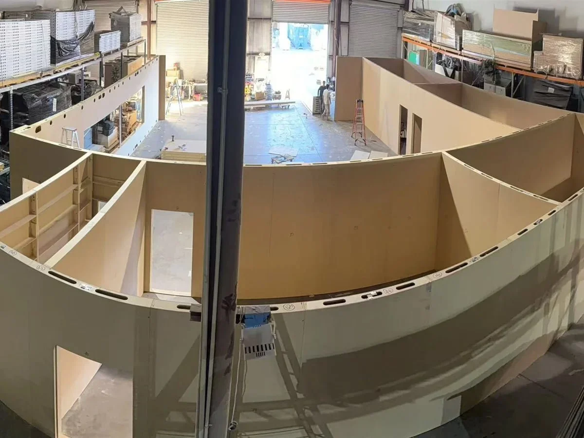 Exhibit wall structures during pre-show assembly at Exhibitsmax's Las Vegas facility