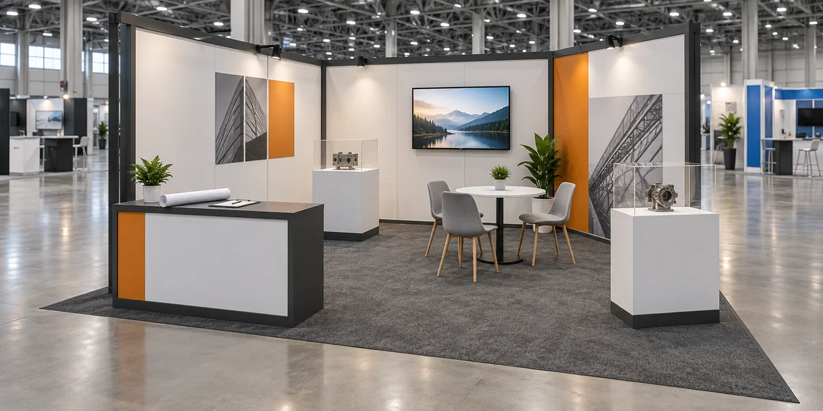 Conceptual trade show booth with a reception counter, product displays, and meeting seating