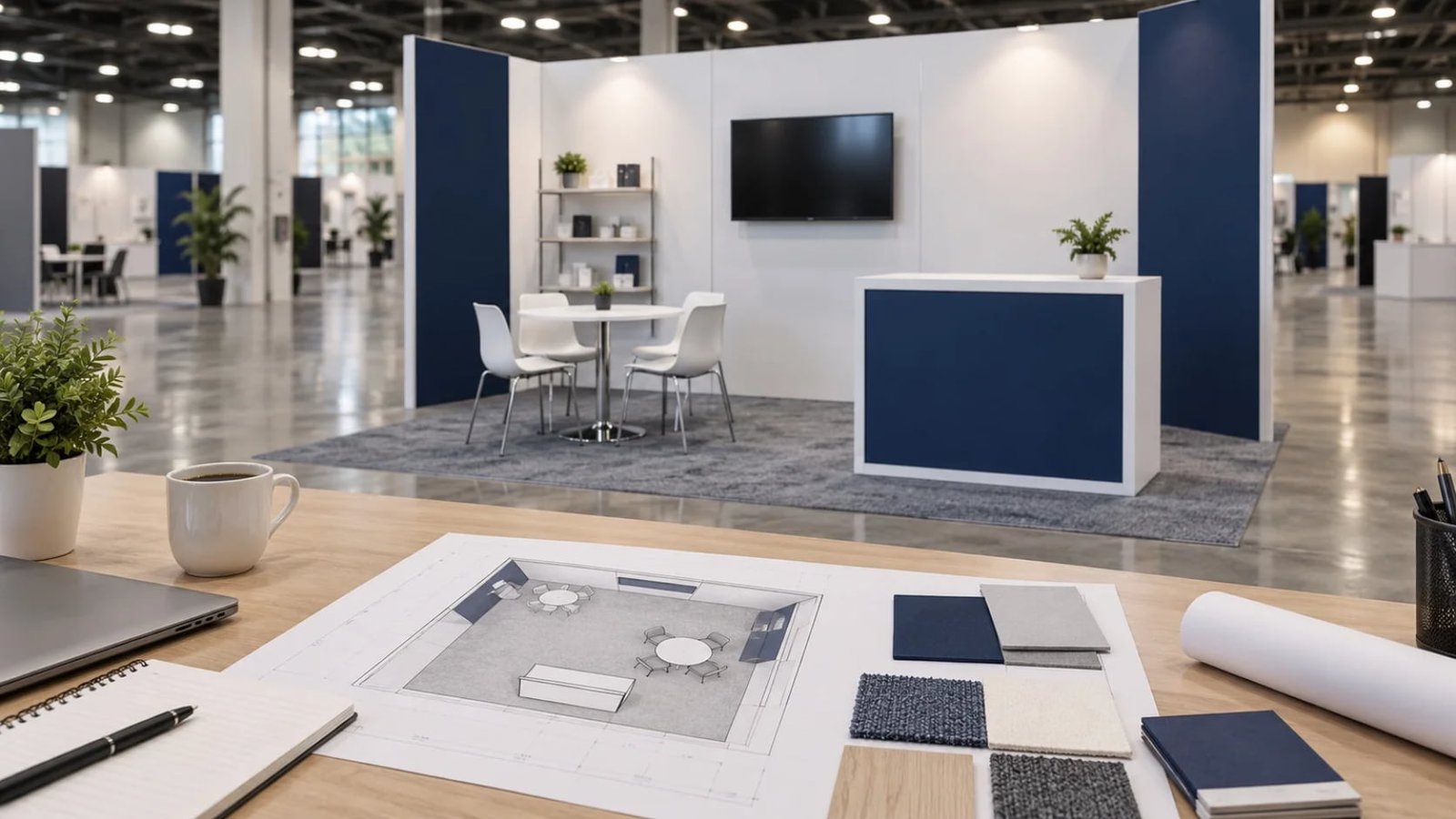 Booth planning illustration with a simple exhibit, floor plan and material samples
