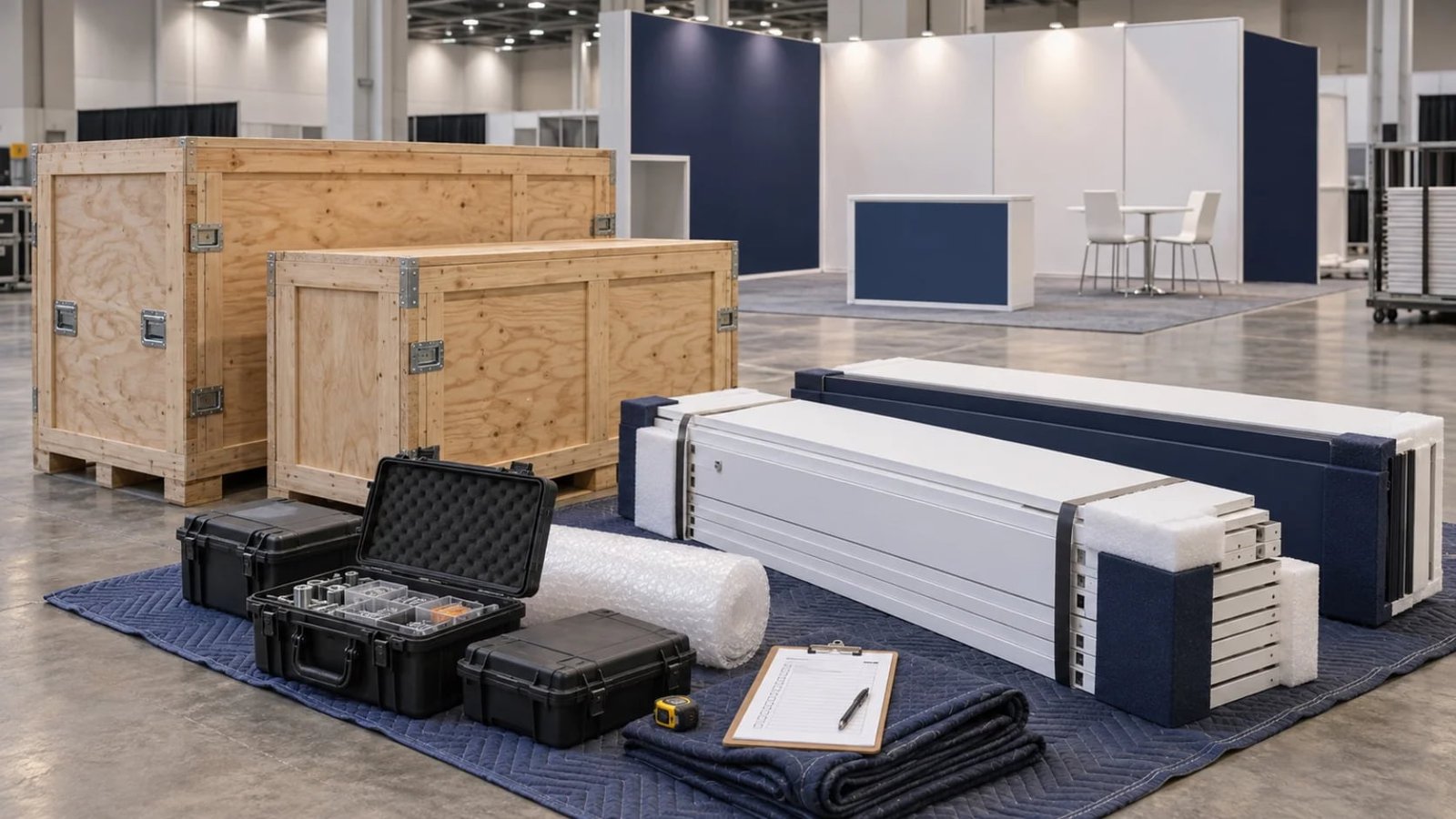 Illustration of exhibit crates, protected panels and hardware prepared for move-in