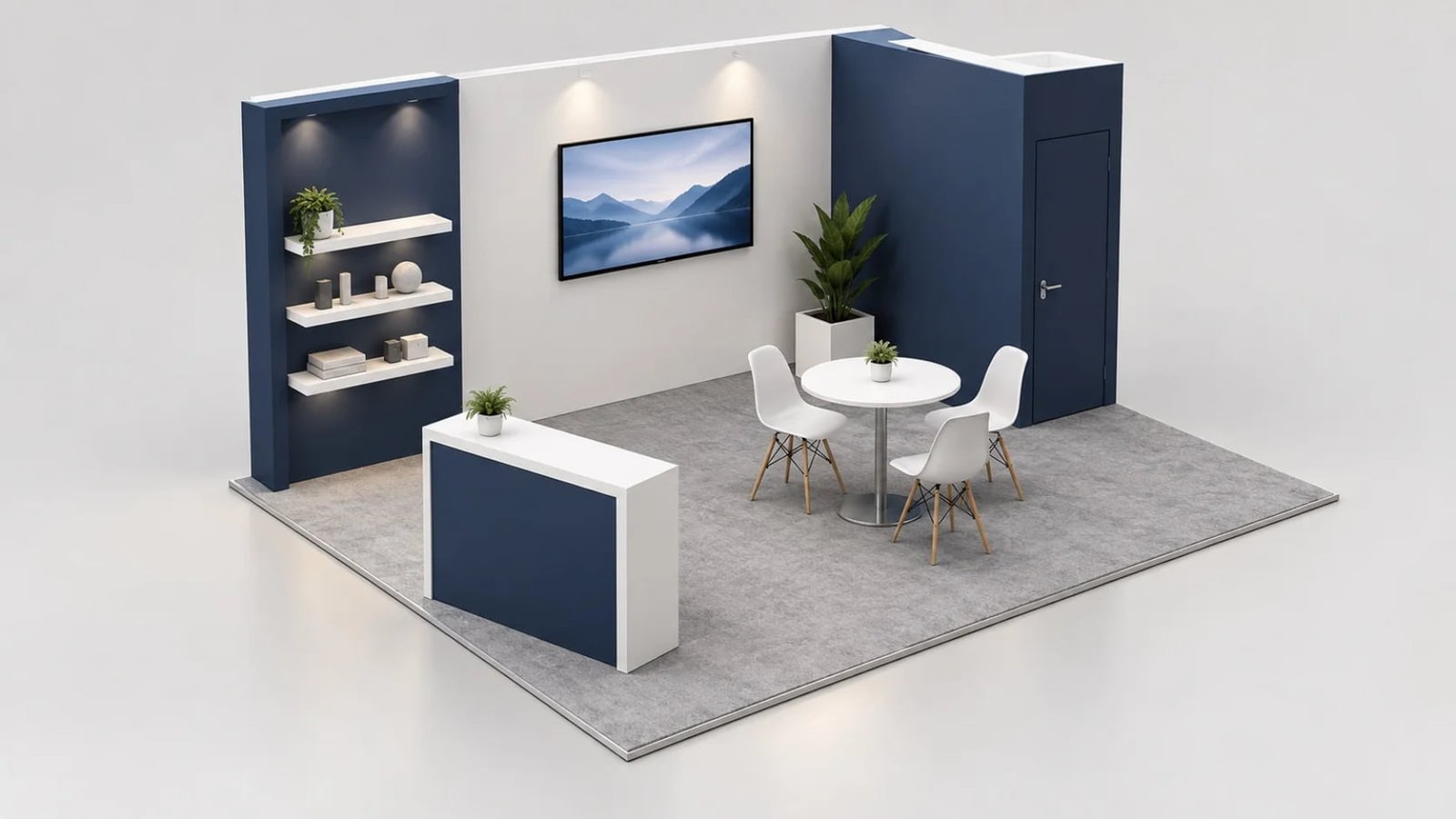 Simple booth layout illustration with reception, shelving, monitor, meeting table and storage