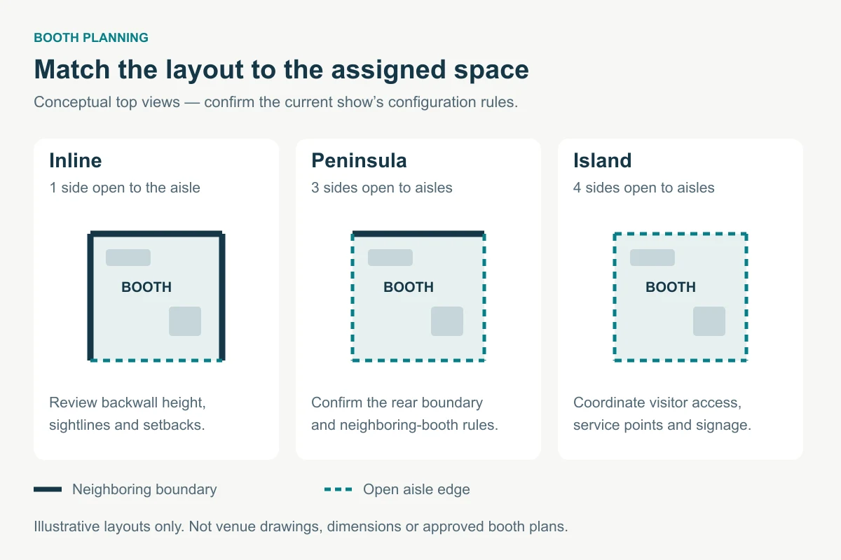 Conceptual inline, peninsula and island booth layouts showing neighboring boundaries and open aisle edges