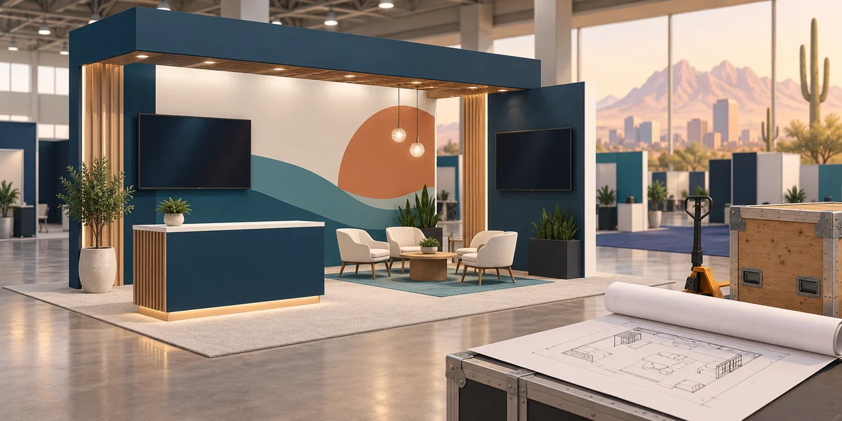Concept illustration of a trade show booth with screens, seating, floor plans and freight crates