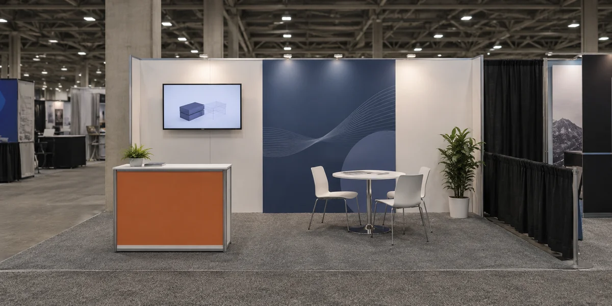 Concept illustration of an inline trade show booth with reception, a monitor and meeting seating